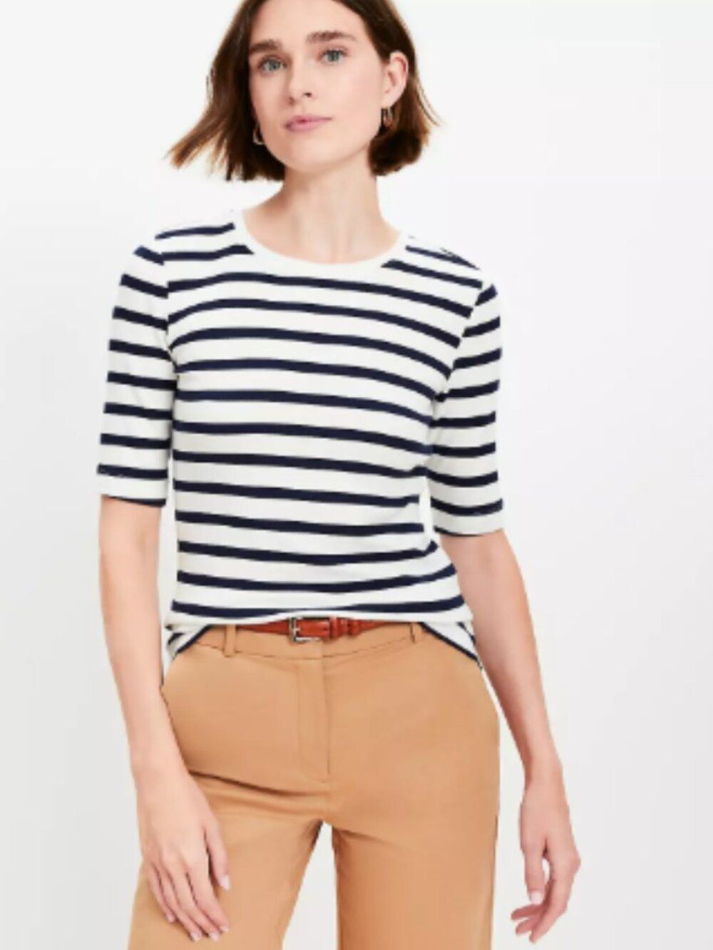 LOFT Ribbed Tee Women Medium Striped Elbow Sleeve Cotton Blend NWT Soft Top